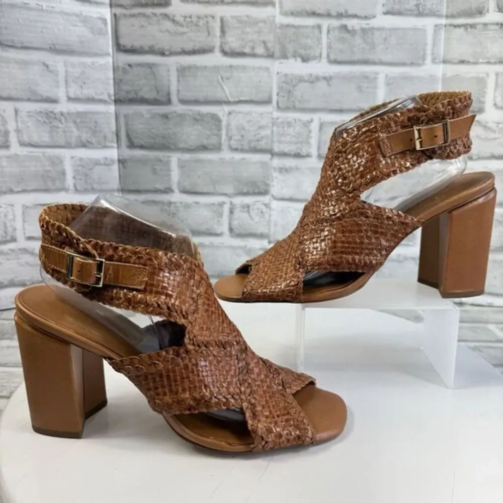 H by Halston PENELOPE Women's Size 10 Brown Leather Ankle Strap Heeled Sandals